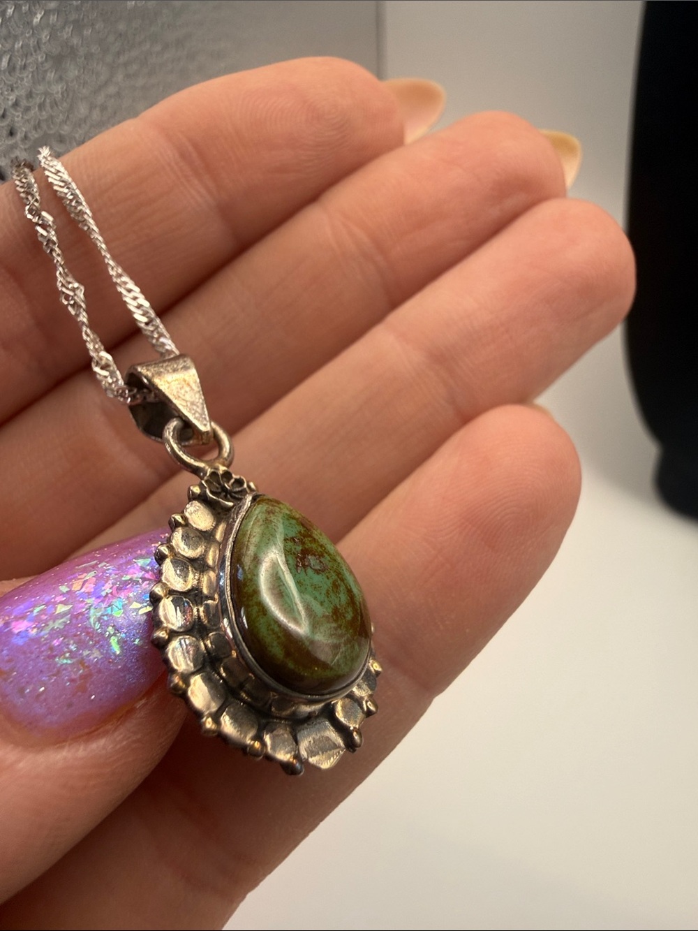 925 Sterling Silver Green Turquoise Teardrop Stone Pendant Necklace 18” - Picture 9 of 9